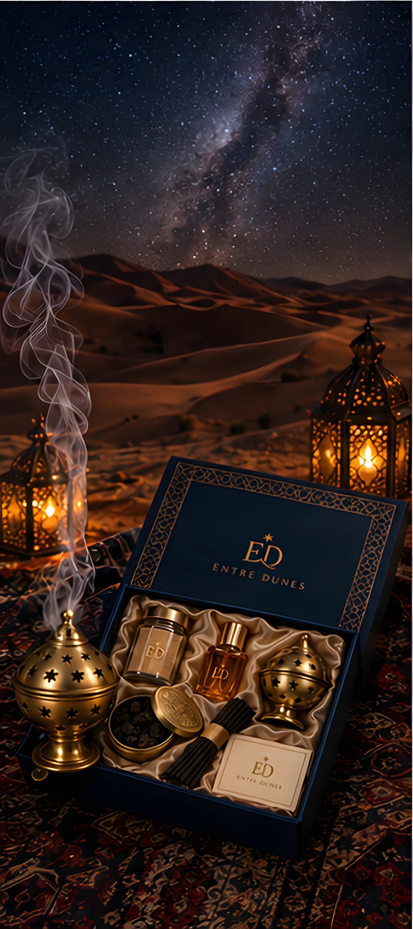 Le coffret ouvert sur un tapis, entre deux lanternes, sous la Voie lactée et les dunes.