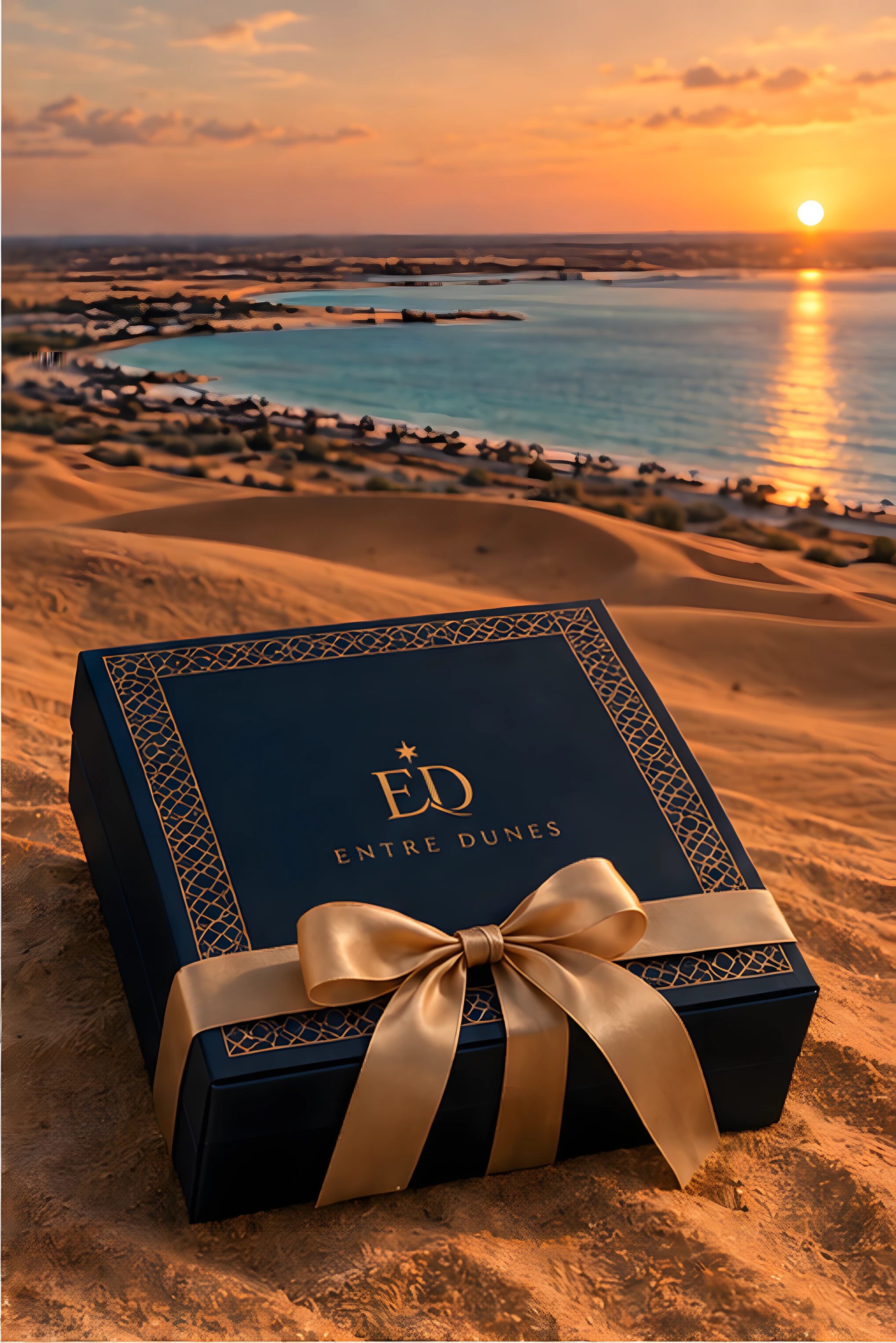 Le coffret noué d'un ruban doré, posé sur une dune face à la lagune au coucher du soleil.