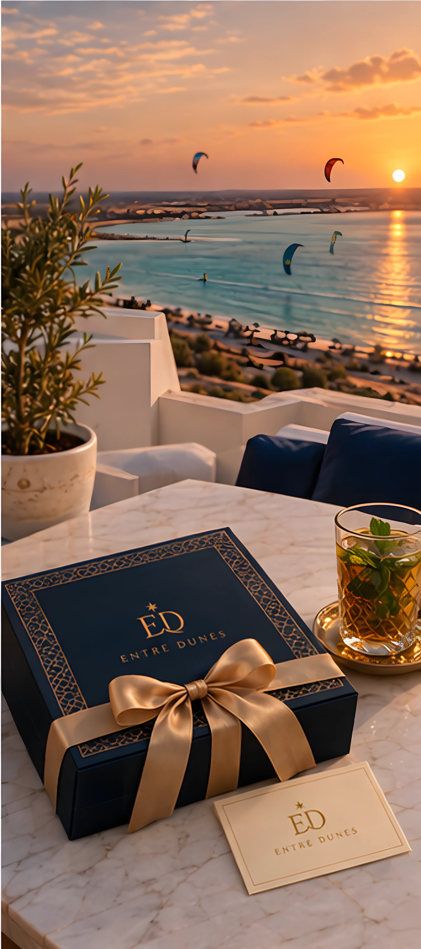 Le coffret noué d'un ruban doré sur une table de marbre, un thé à la menthe, la lagune de Dakhla au coucher du soleil.